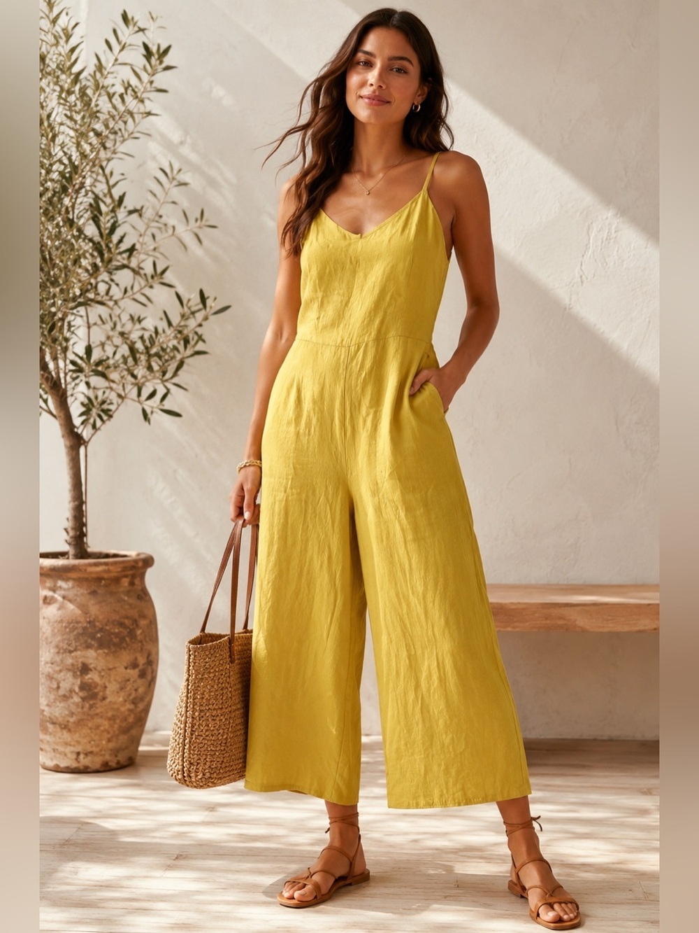 Vince Yellow Triacetate Wide Leg Cropped Jumpsuit Size 2